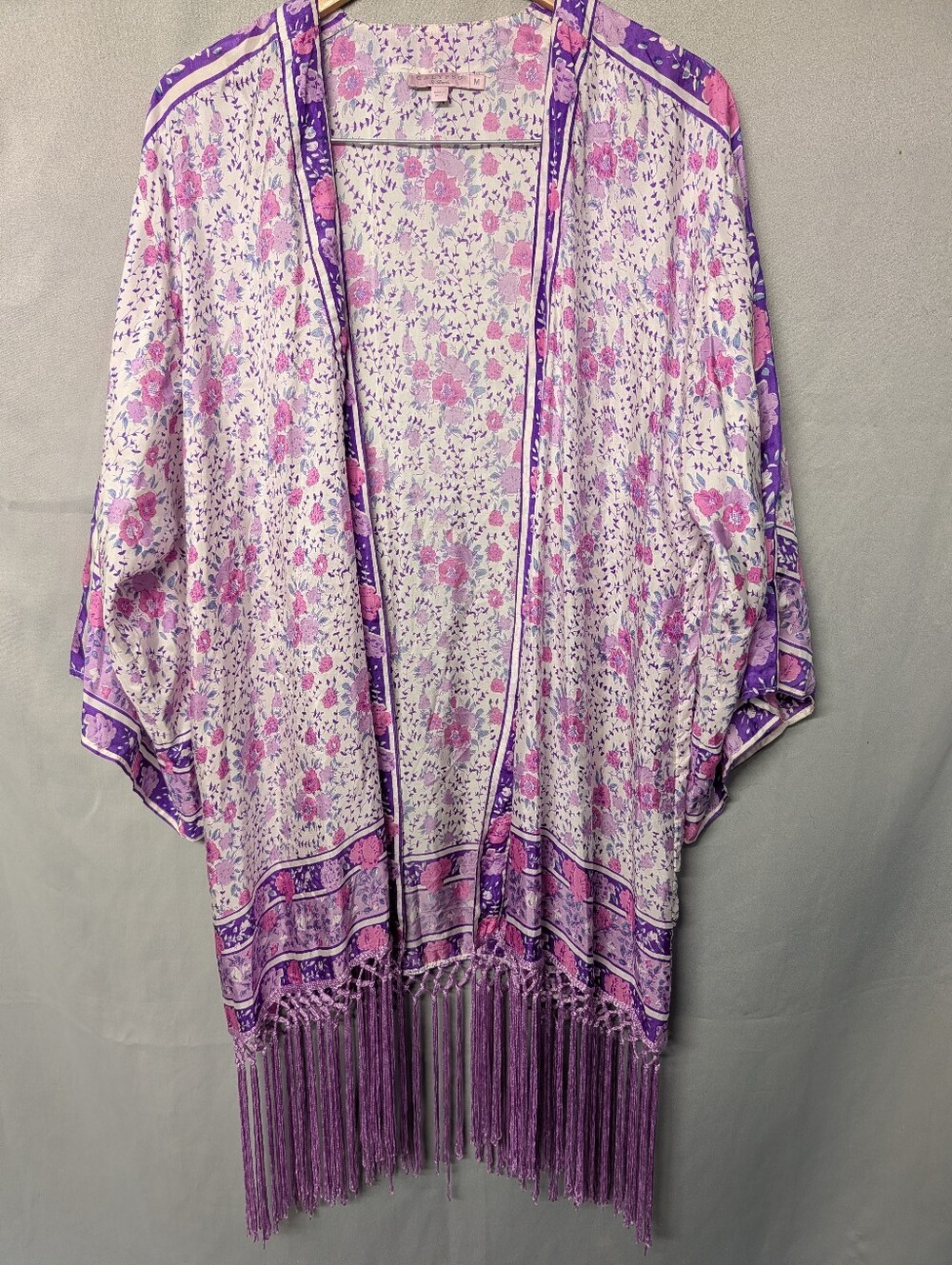 100% Silk Calypso St. Barth Lavender + Pink Floral Boho Kimono Size Medium